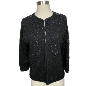 VTG 1950’s Boutique by Miss Ruth 100% Wool Black Beaded Cardigan Sweater Size 10